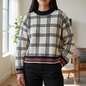 Mango Elegant Plaid Women's Sweater in Cream and Blue, size M